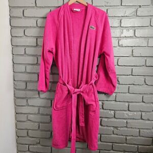 Lacoste Pink Cotton Terry Cloth Bathrobe Embroidered Logo Shawl Collar Robe
